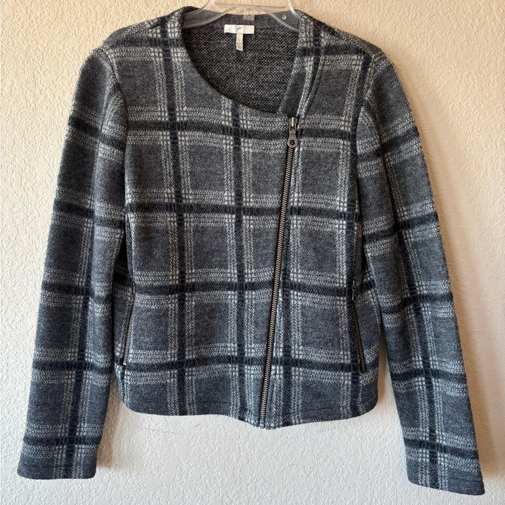 Joie‎ - Grey Plaid Wool Asymmetrical Zip Jacket Sz L
